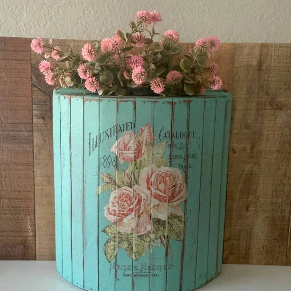 Vintage Inspired Upcycled Shabby Chic Floral Wooden Half Bucket Wall Pocket - Picture 2 of 13